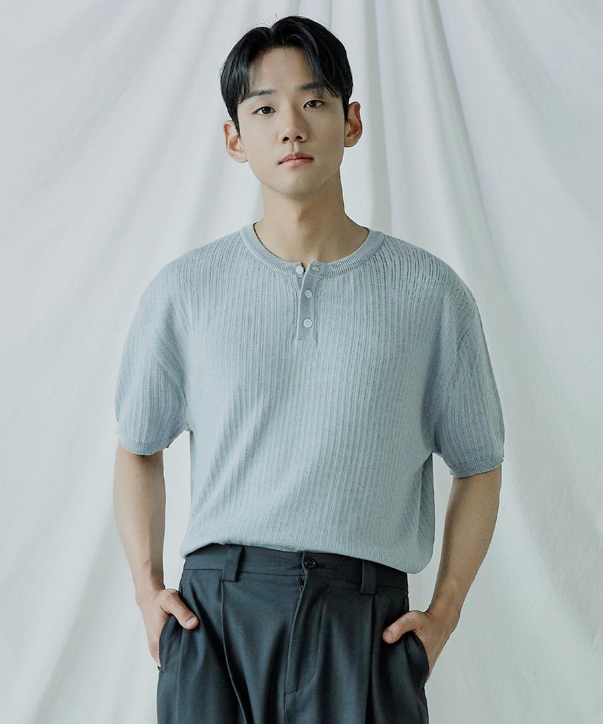 POLYGRAM Ribbed Henley Neck Short Sleeve Knit - Gray
