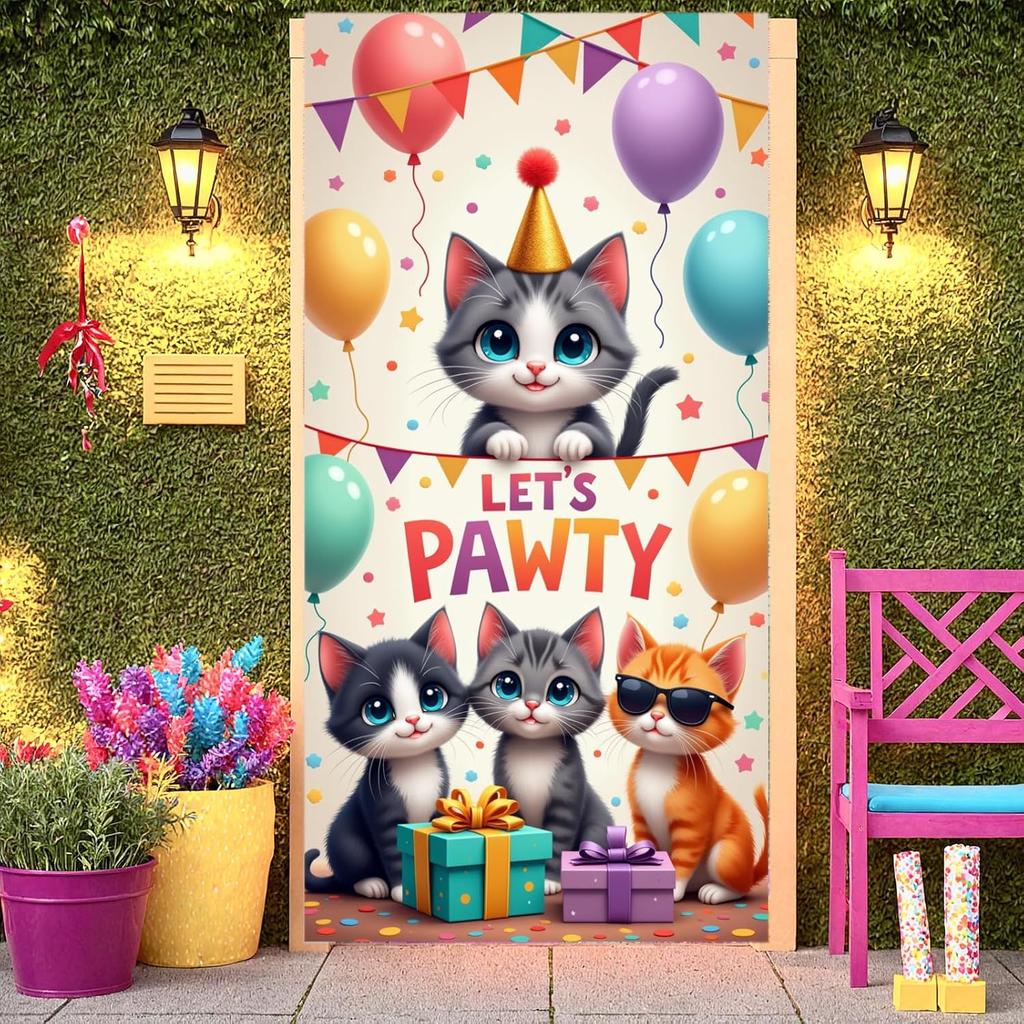 Cat Birthday Decorations Door Cover Banner Colorful Kitten Balloons Let's Pawty Happy Birthday Backdrop for Cat Lover Kitty Cats Pawty Bday Party