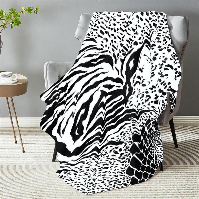 Animal Print Flannel Throw Blanket Black And White Zebra Leopard Snake Pattern Warm Blanket For Living Room Sofa Bed Decor