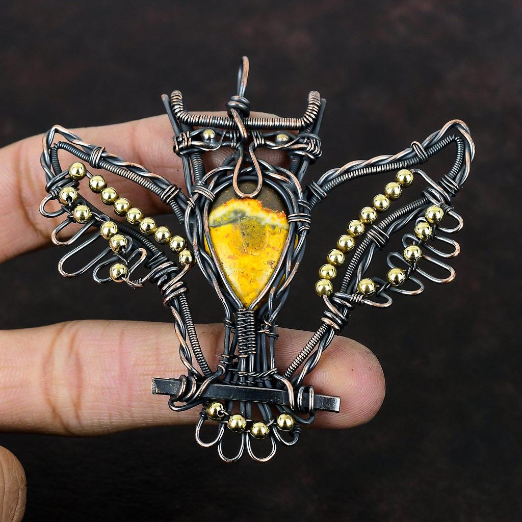 Bumble Bee Jaspis Anhänger Kupferdraht gewickelter Anhänger Handgefertigter Schmuck Eulenanhänger Natursteinanhänger Kupferdrahtschmuck Geschenk für Sie