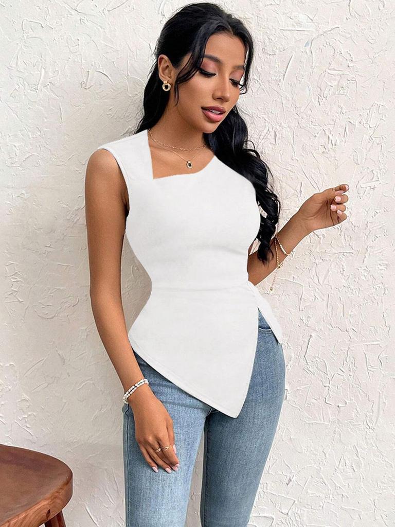 Women's European & American Elegant Style Slanted Neck Slim Fit T-shirt 2026 - Pure Color Short Sleeve Top