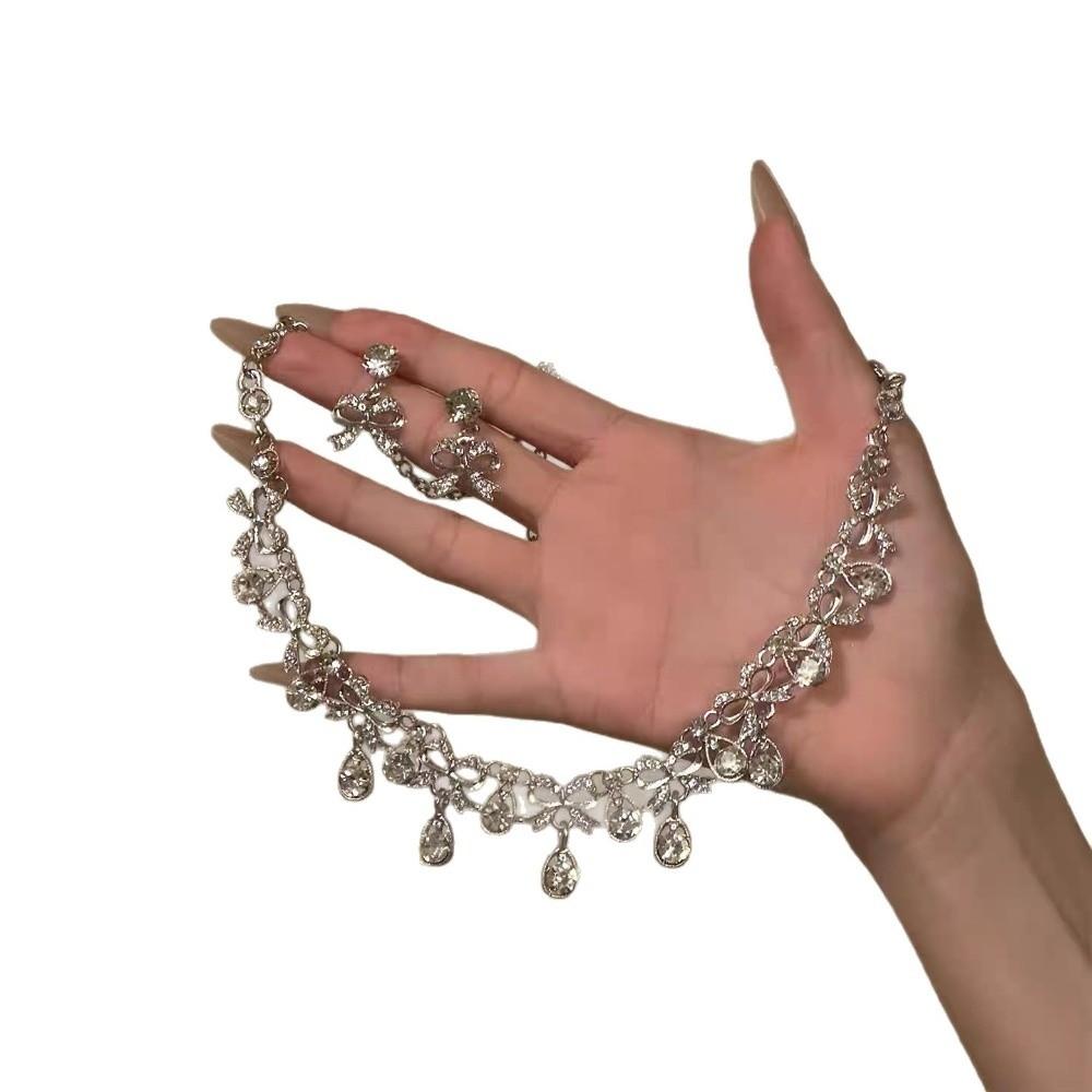 2 pieces Water Drop Rhinestone Jewelry Set Inlaid Crystal Necklace Set Necklace Earrings Set  Women