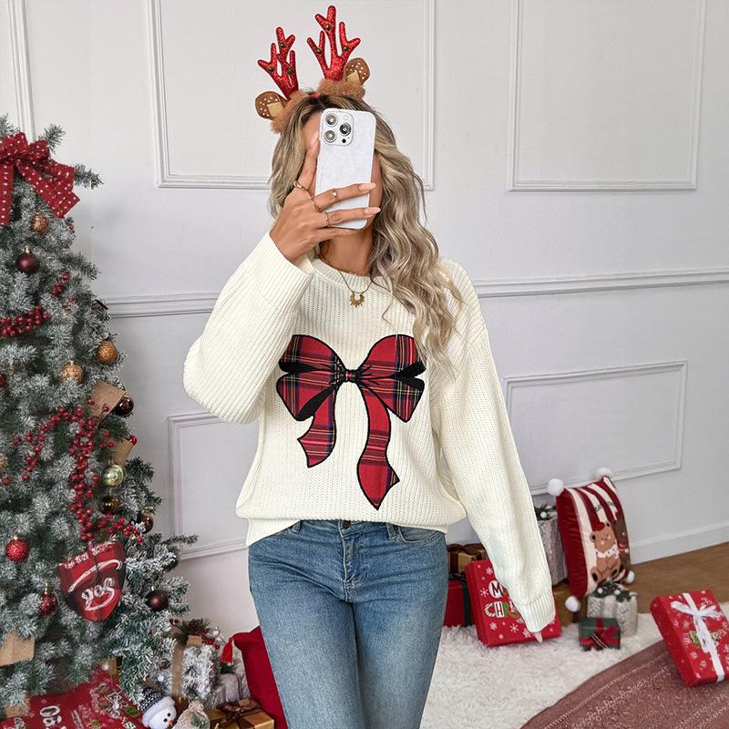 Damen Weihnachts-Pullover Niedlicher Karomuster-Schleifen-Grafik-Pullover 2025 Rundhals Langarm Lässiger Strick-Jumper-Tops