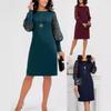 Women's European Style Slim Fit Dress, Crew Neck Long Sleeve Hollow Out Lace Patchwork Casual Dress for Spring Fall