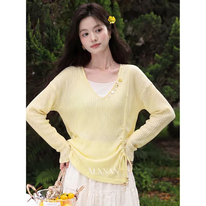 Women s Drawstring Sun Protection Knit Top L