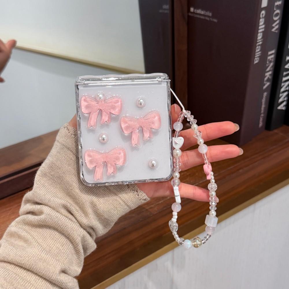 3D Bow For Samsung Galaxy Z Flip 5 6 7 5G Bracele Case Hinge Magnetic PC Shell Shockproof Protective Transparent Back Cover