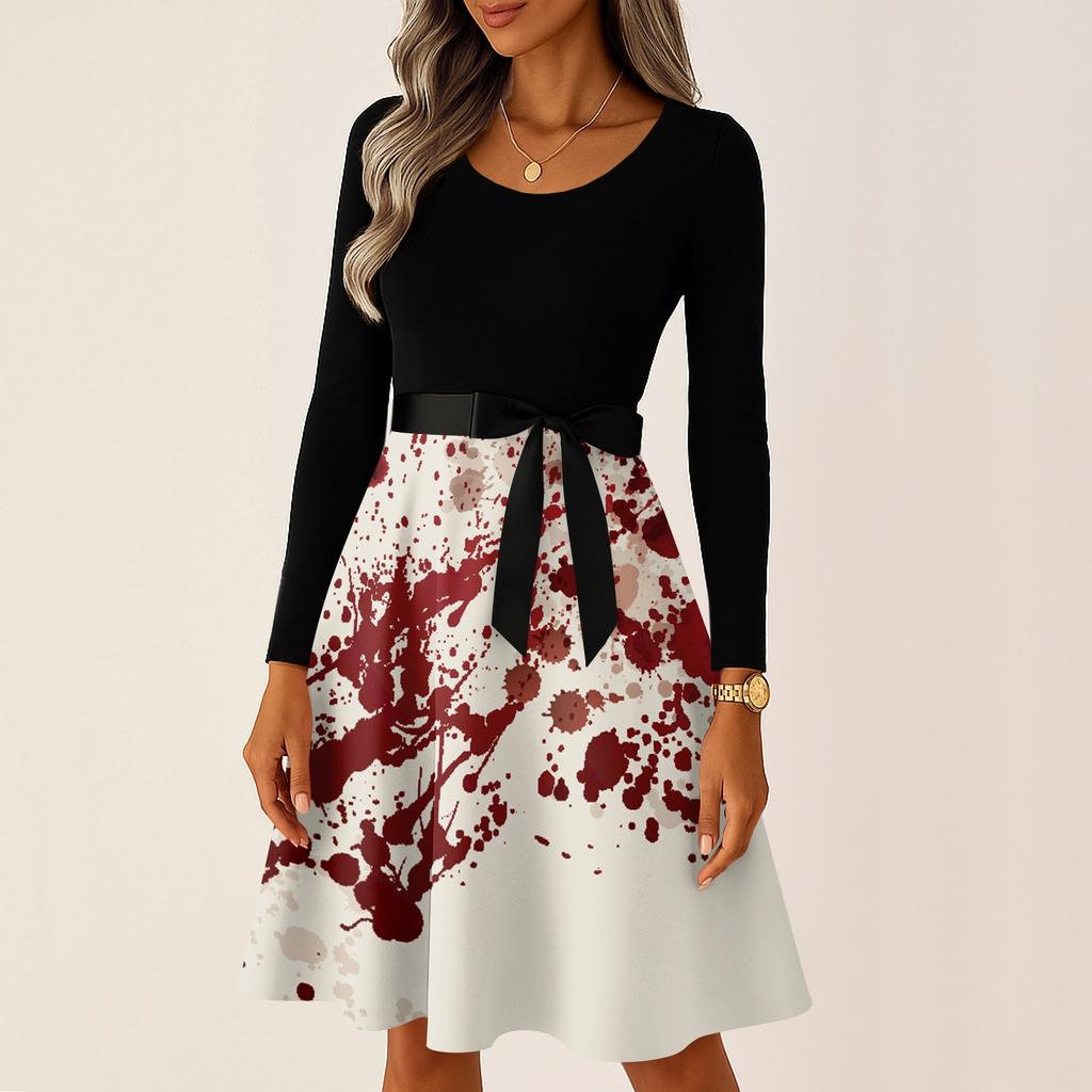 Women's Casual Long Sleeve Halloween Print Vintage Dress Round Neck A-Line Fit and Flare Midi Dress with Bowknot Waist