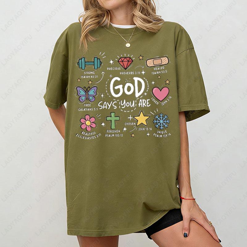 God Says You Are Funny Graphic T Shirts Bible Verse Doodle Cotton Shortsleeve Tees Retro Style Men Woman Fashion Casual Wear