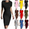 Vestido Feminino Moda Liso Slim Manga Curta Gola Redonda