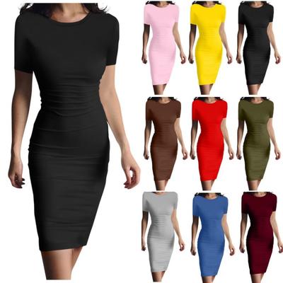 Modisches Damenkleid, einfarbig, figurbetont, kurzärmelig, Rundhalsausschnitt