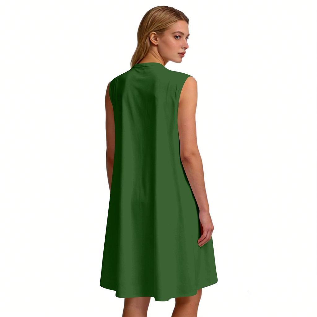 Women Sleeveless V Neck Strap Dress Casual Loose Fit Tie Shoulder Summer A Line Dress Lightweight Solid Design