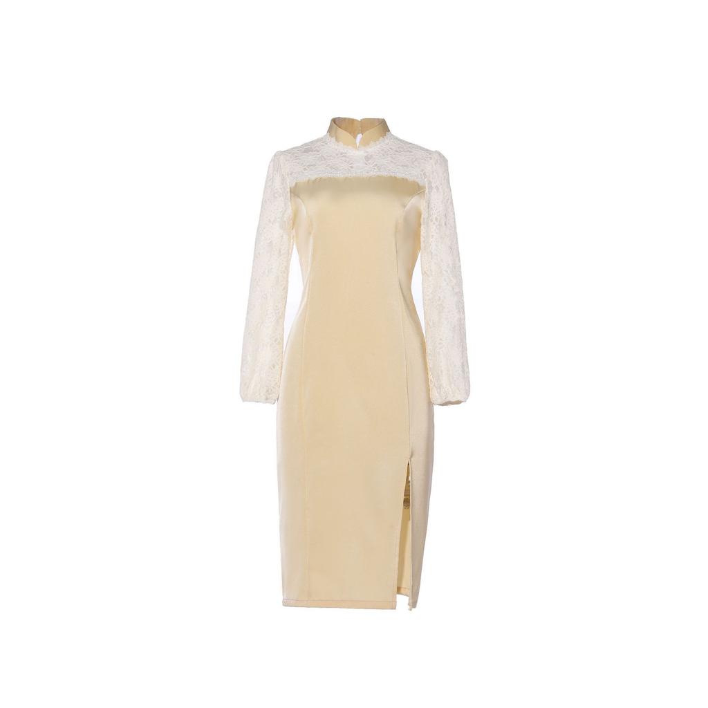 Heqi Jane 1011 Spring and Summer New Elegant Slim Slim Bone Erosion Fashion Comfortable Lace Splicing Acetic Acid Dress Improved Cheongsam