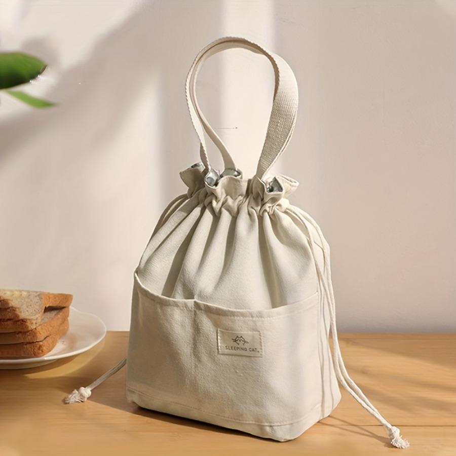 Exquisite Canvas Lunch Bag, Drawstring Style, Outdoor Beach Accessory, Picnic Supplies, Camping Pouch, Compact And Portable, Unisex, Directional Item
