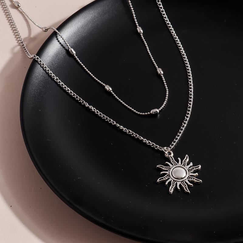 Vintage Silver Color Sun Pendants Necklaces for Women Korean Simple Style Multi-Layer Beads Chain Necklace Fashion Party Jewelry
