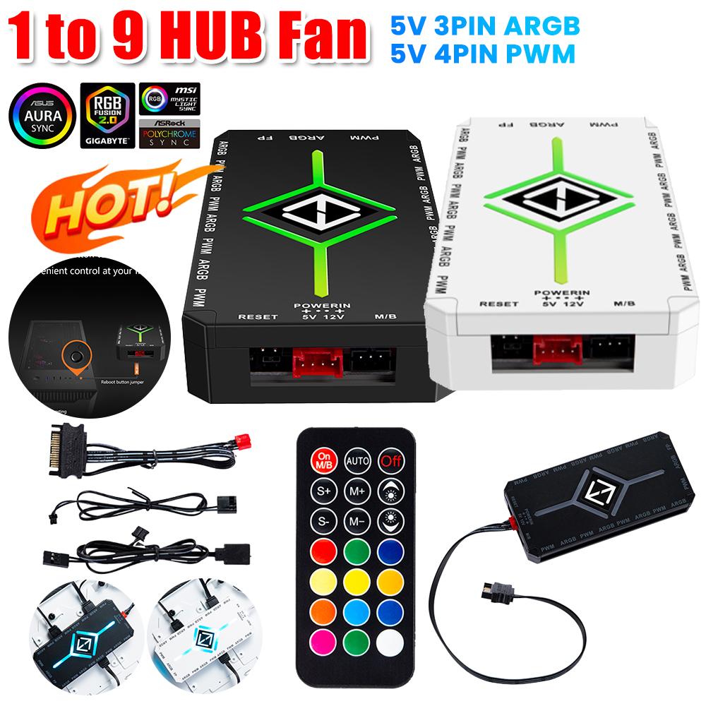 1 To 9 3 in 1 PWM Magnetic Fan Hub Splitter SATA Power Supply ARGB Fan HUB Splitter for 5V Addressable ARGB Computer PC Case Fan