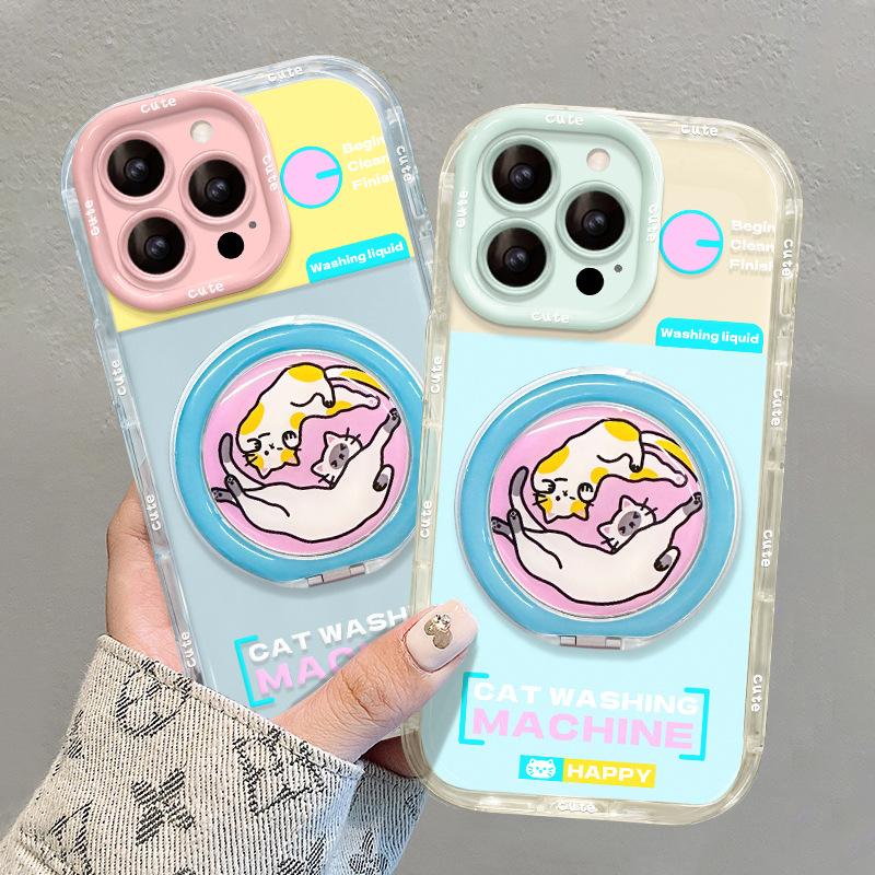 Cat washing machine fulcrum stand compatible with iPhone 16e, jelly phone case, 15 Pro Max Cute Cartoon 13, full coverage 14