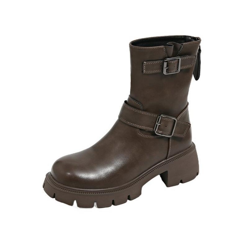 

Кожаные Ботильоны Средней Высоты Женские Осенние Новые Задняя Молния Двойная Пуговица Ботинки Черные Универсальные Кожаные Ботинки 40