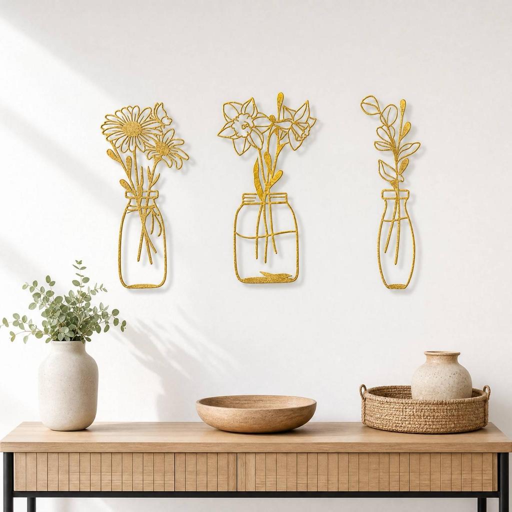 3 Pieces Metal Wall Art with Floral Arrangement Botanical Openwork