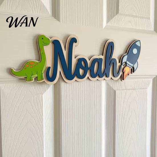 Soft Color Kids Door Decor Personalized Name Sign Dinosaur Rocket Wooden for Boys For Custom Nursery Hanging Wall Bedroom Playroom