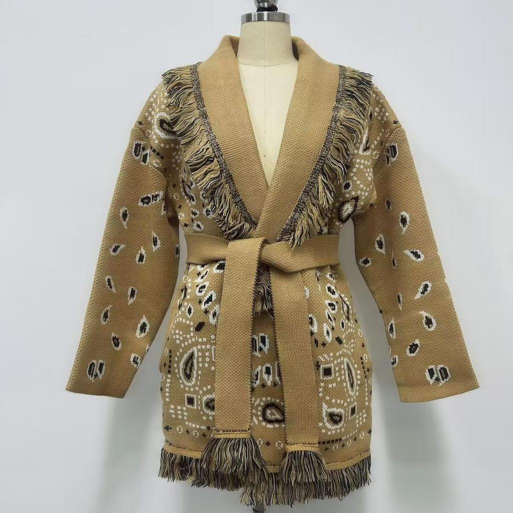 European & American Retro Color-Blocked Tassel Jacquard Mid-Length Cardigan - Women's Loose Fit Lapel Coat for Autumn/Winter