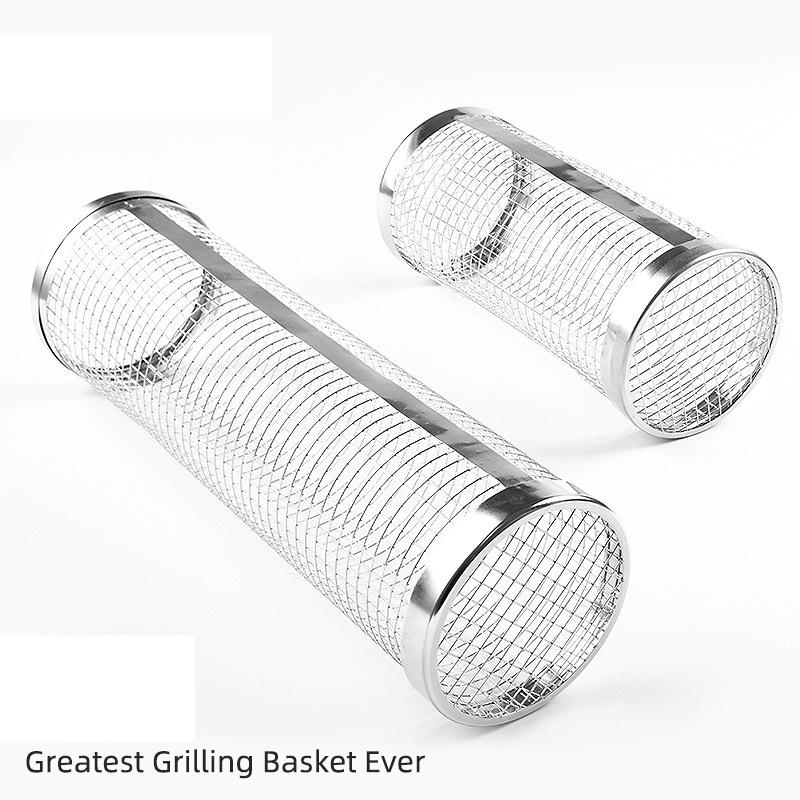 BBQ Cage Grillrör Rostfritt stål Rullande grillkorg Rund Grillrulle Grillmesh Utomhusgrilltillbehör