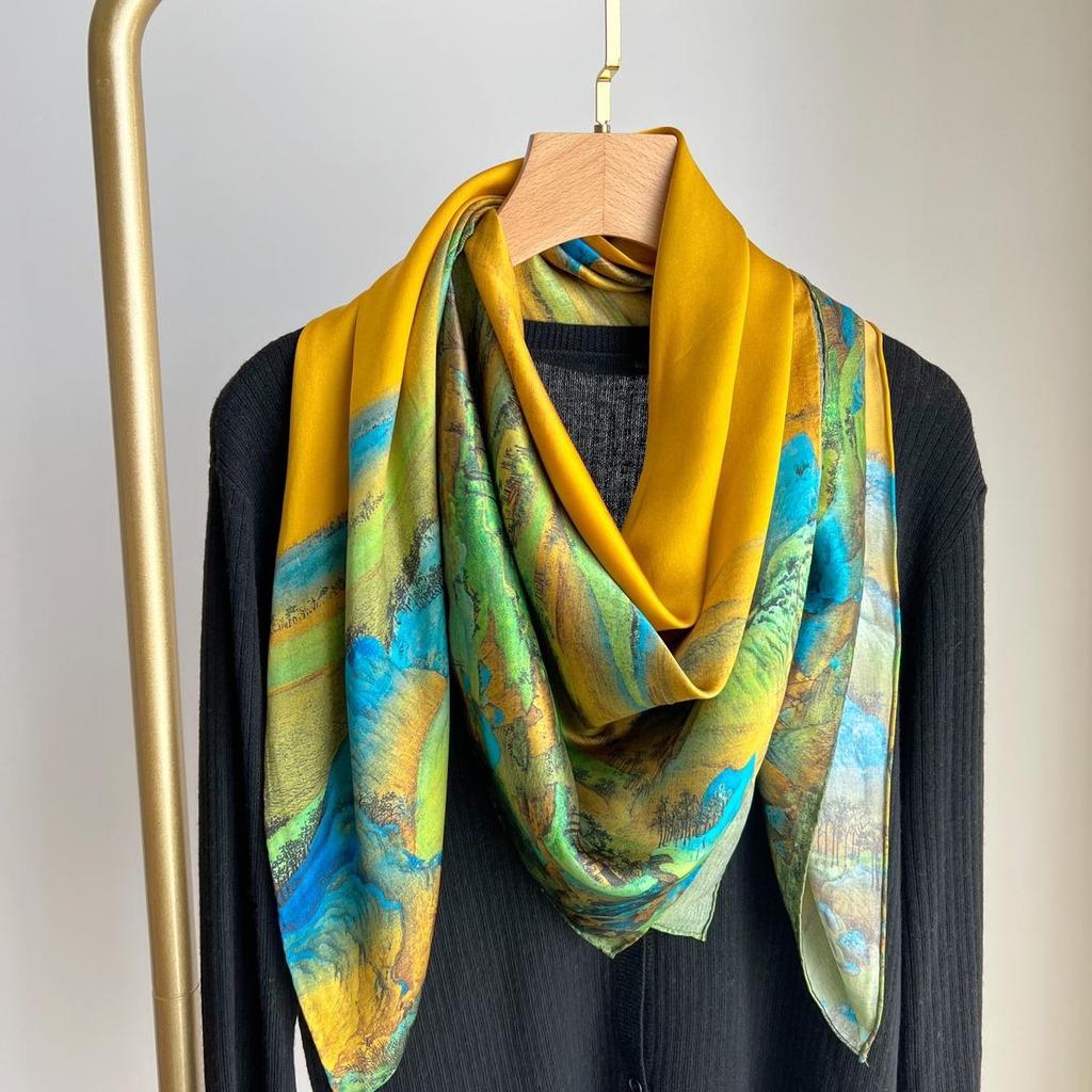 New Women's Silk Scarf – Thousand Miles of Rivers and Mountains Painting, Chinese Style Shawl, Perfect Gift for Mother's Day.