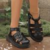 Women Sandals 2025 Summer Toe Buckle Openwork Braided Gears Platform Sandals Female PU Leather Roman Beach Black Hollow Shoes