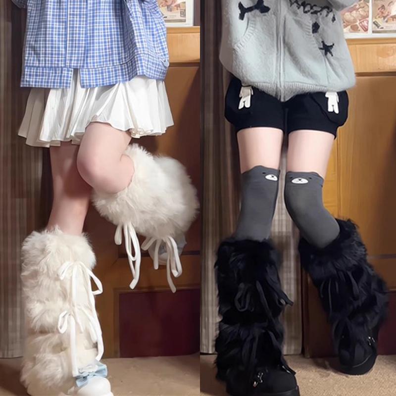 Sweet Lolita Ribbon Bowknot Furry Plush Leg Warmers For Women Girls Winter Warm Thickened Leggings Socks Y2K Boot Cover Sockings