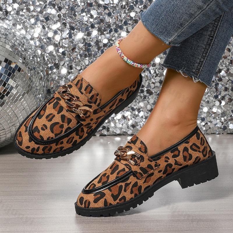Fashion 2025 Spring New Women's Retro Leopard Pattern Chain Deisgned Thick Soled Round Head Loafers Shallow Mouth Fashion Single Shoes
