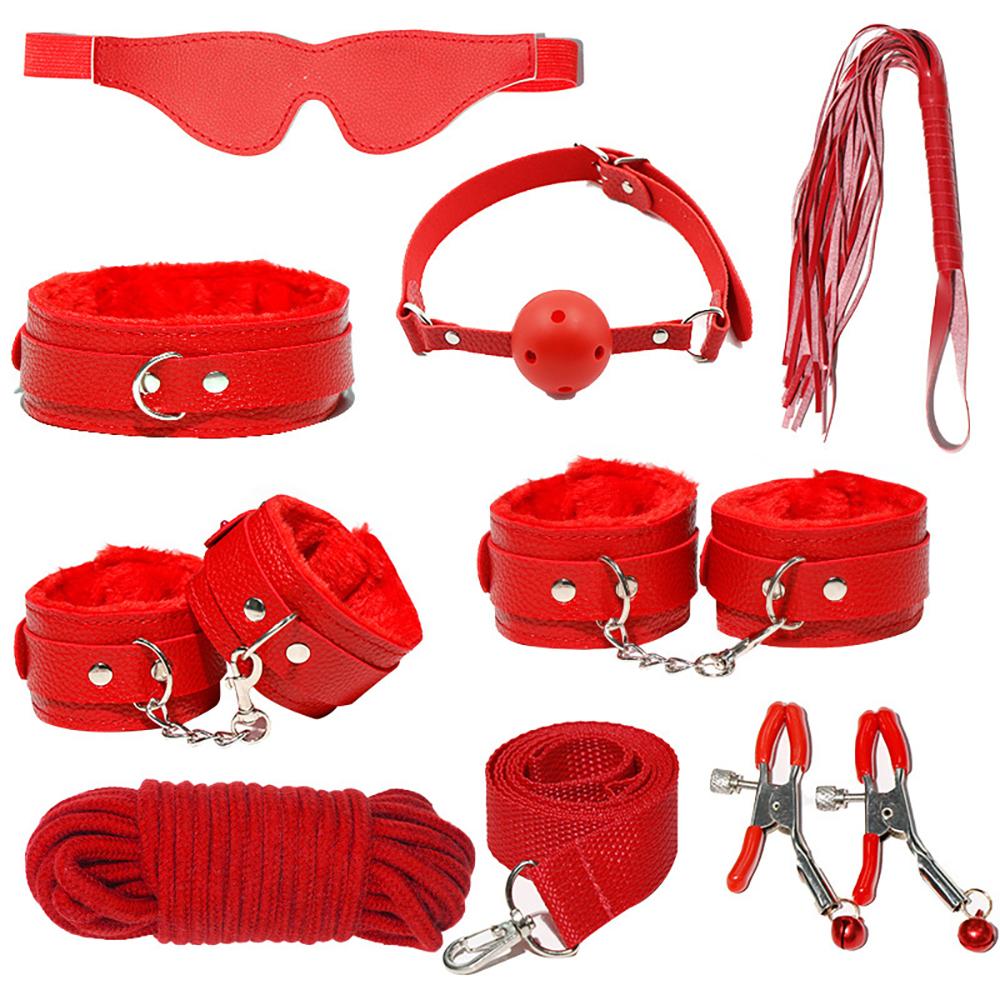 Sex Toys Kits for Couples PU Sex Bondage Set Handcuffs Sex Games Whip Gag Shackles Collar Fluff Stick Nipple Clamp For