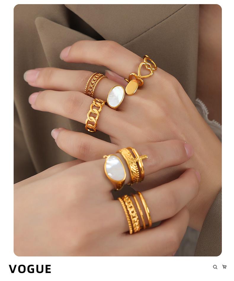 European & American Luxury Titanium Gold-Plated White Mother-of-Pearl Open Ring for Women