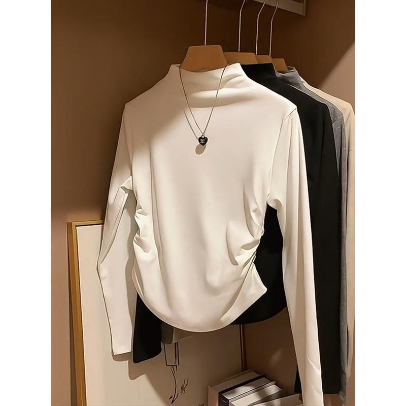 Waist pleated irregular bottoming shirt women's spring slim and thin Spice girl style long-sleeved T-shirt with top inside