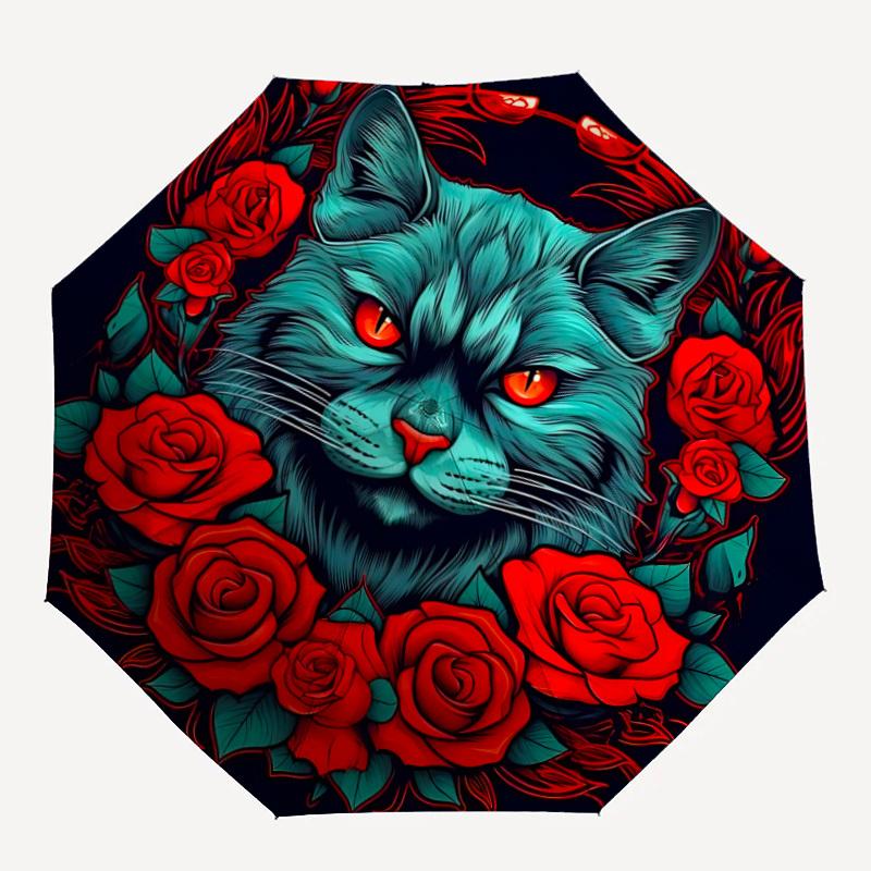 

1pc Cat Roses Design Automatic Open/close Folding Umbrella, Compact Portable Travel Umbrella, Perfect Birthday/Christmas, Cute Umbrella, Dur