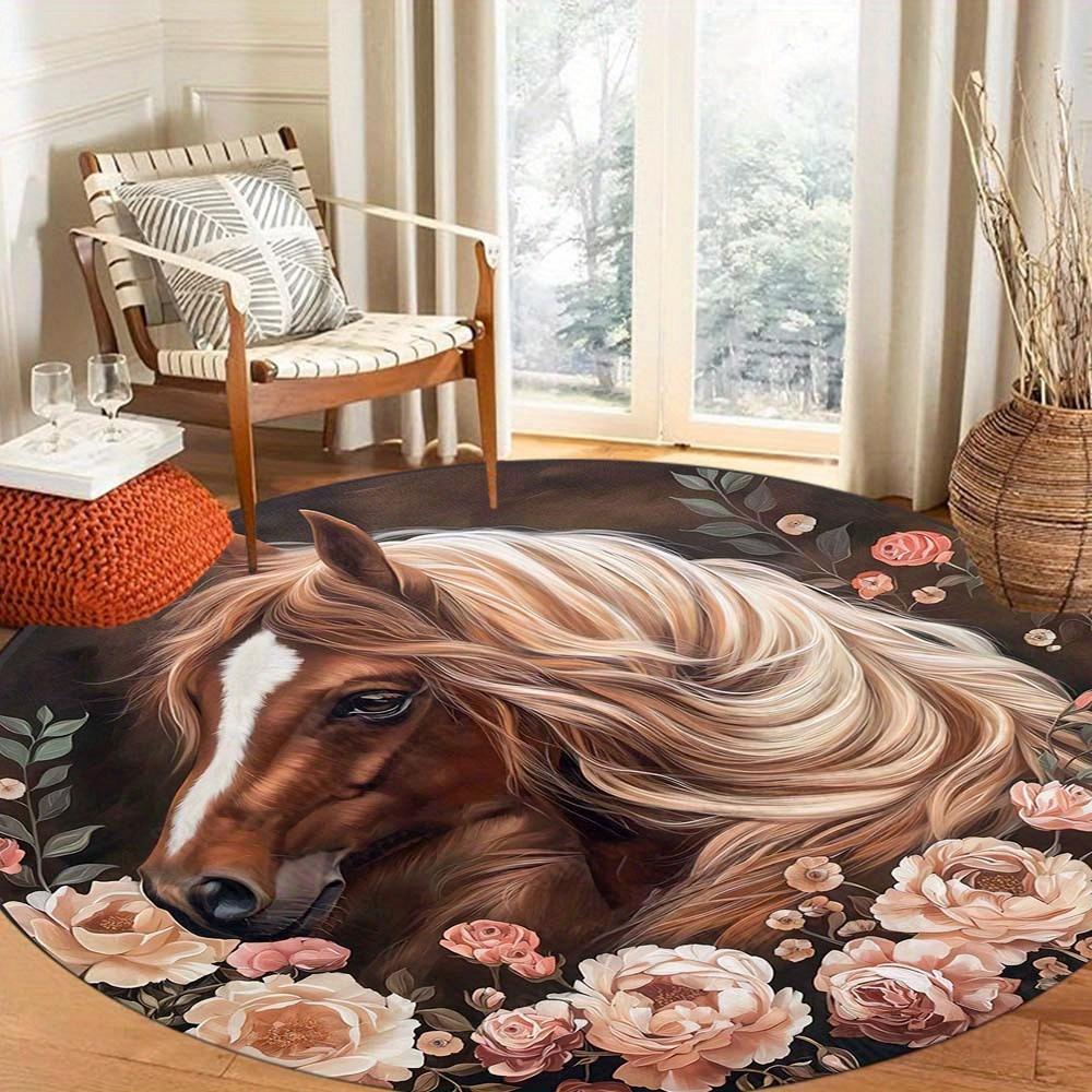 Flower and Horse Pattern Round Area Rug, Non Slip Decorative Floor Mat for Living Room and Bedroom, Ideal Home Decor Gift