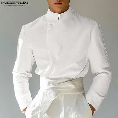 Men Spring Stand Neck Long Sleeve One Button Texture Casual Shirts
