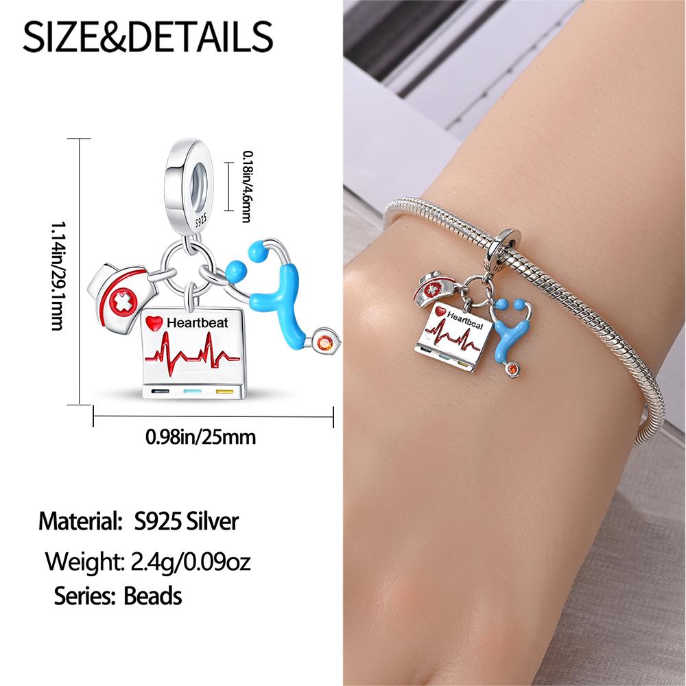 Kupfer Doktor- und Schwesternhut & EKG & Bakterien & Pillen & Medizinisches Set & Zähne Anhänger Charm passend für Markenarmband Medizinischer Schmuck