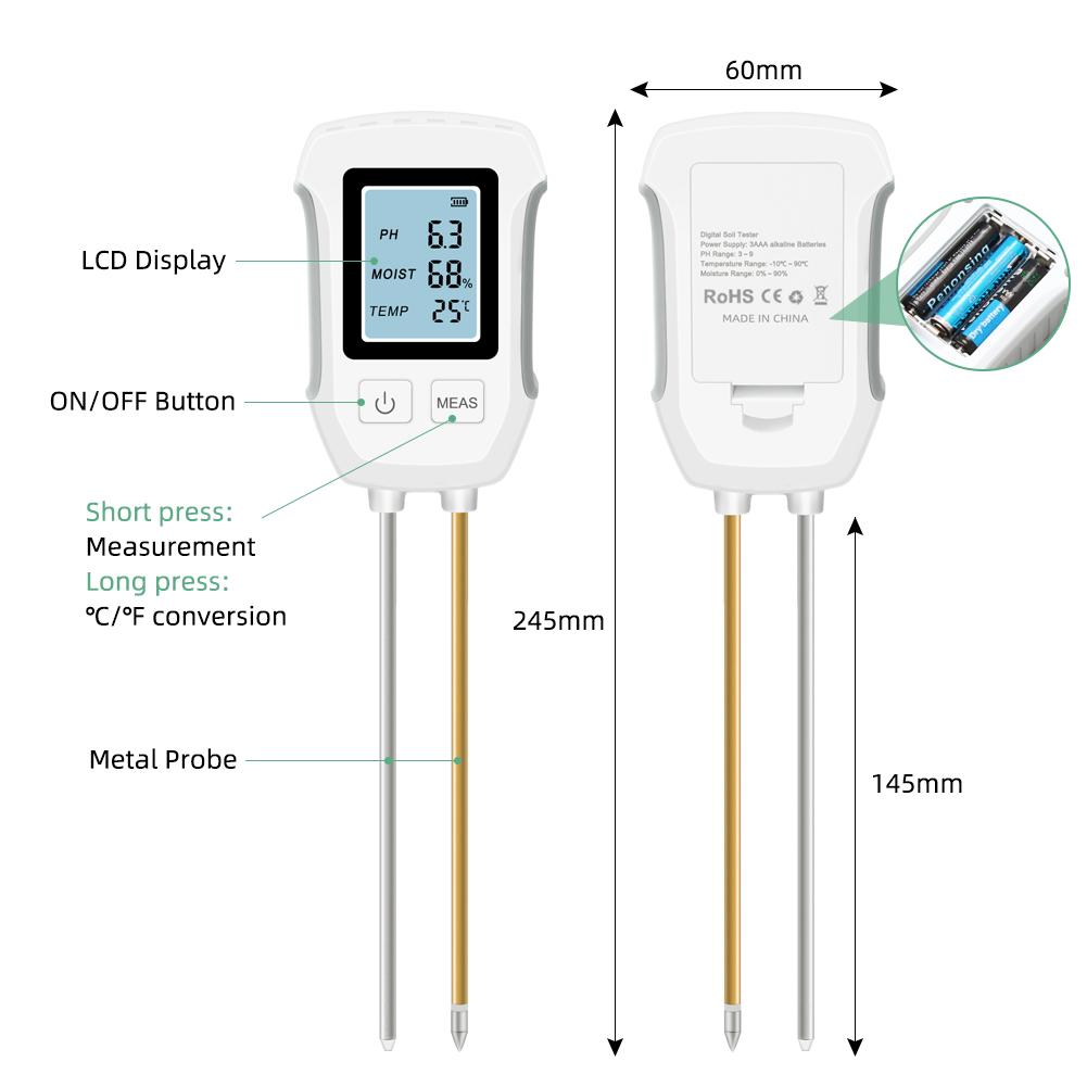 Yieryi Soil PH Meter LCD Digital PH Moisture Temp Tester Dual Needle Acidity Detector for Hydroponics Potted Plants Garden Farm