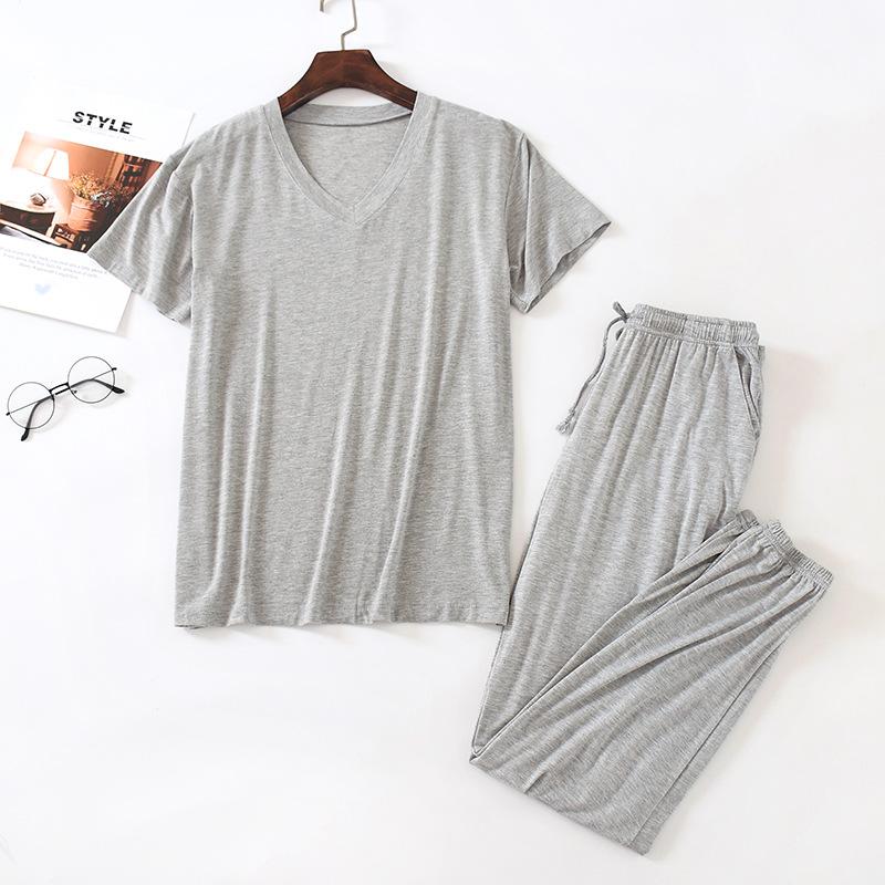 Men's Spring and Summer Thin Home Suit Set with V-neck Short Sleeved Top and Tapered Pants, Loose Oversized Air Conditioning Comfort Two-piece Set