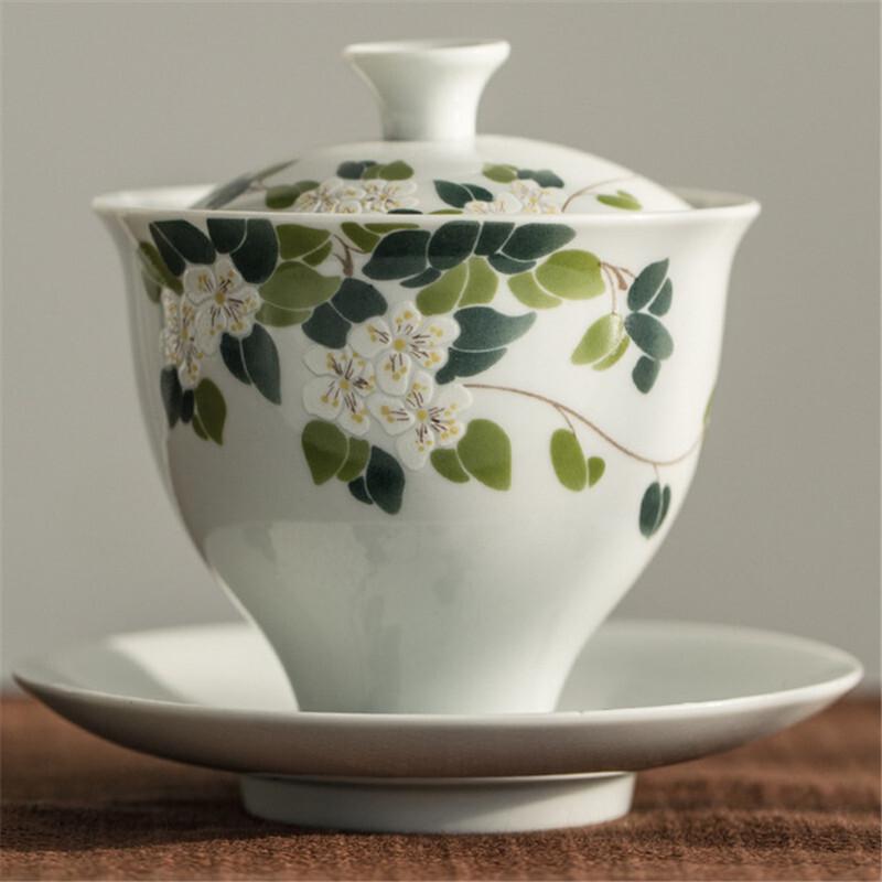 Keramik Handgefertigt Kung Fu Gaiwan Kreativ Handbemalte Chrysanthemen Teetasse Teegeschirr Büro Teeschale mit Untertasse Trinkgeschirr
