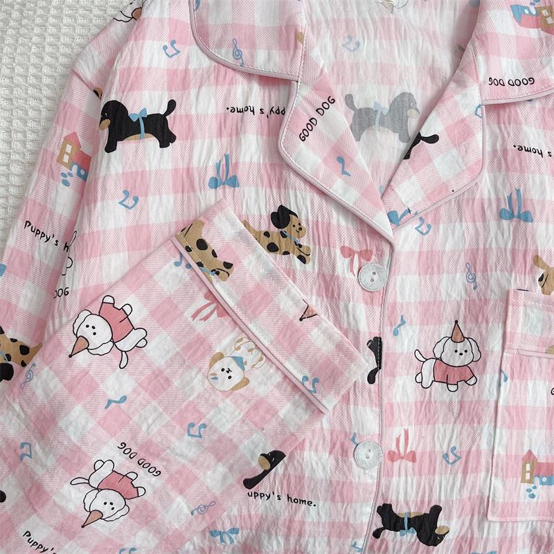 Cartoon Süß Niedlich Buchstaben Hunde Print Damen Pyjama Reverskragen Karomuster Koreanisches Design Pyjama Set für Damen Neue Frühling Nachtwäsche