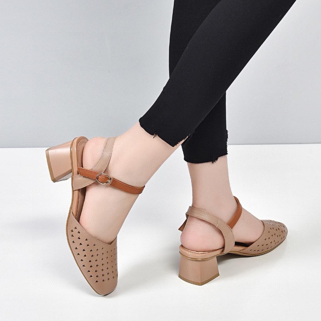 Color matching sandals women's summer simple temperament bag head empty thick heel women's shoes one-word buckle breathable punched sandals