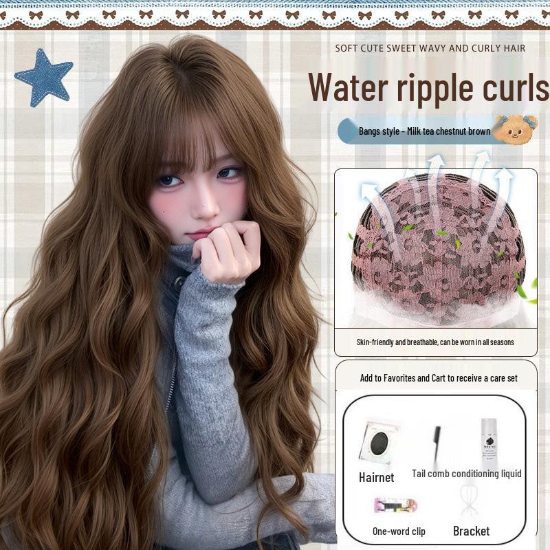 Women's Full Head Wig, Lazy Water Wave Long Curly Hair, Natural Seamless Look, Large Scalp Egg Roll Wig.