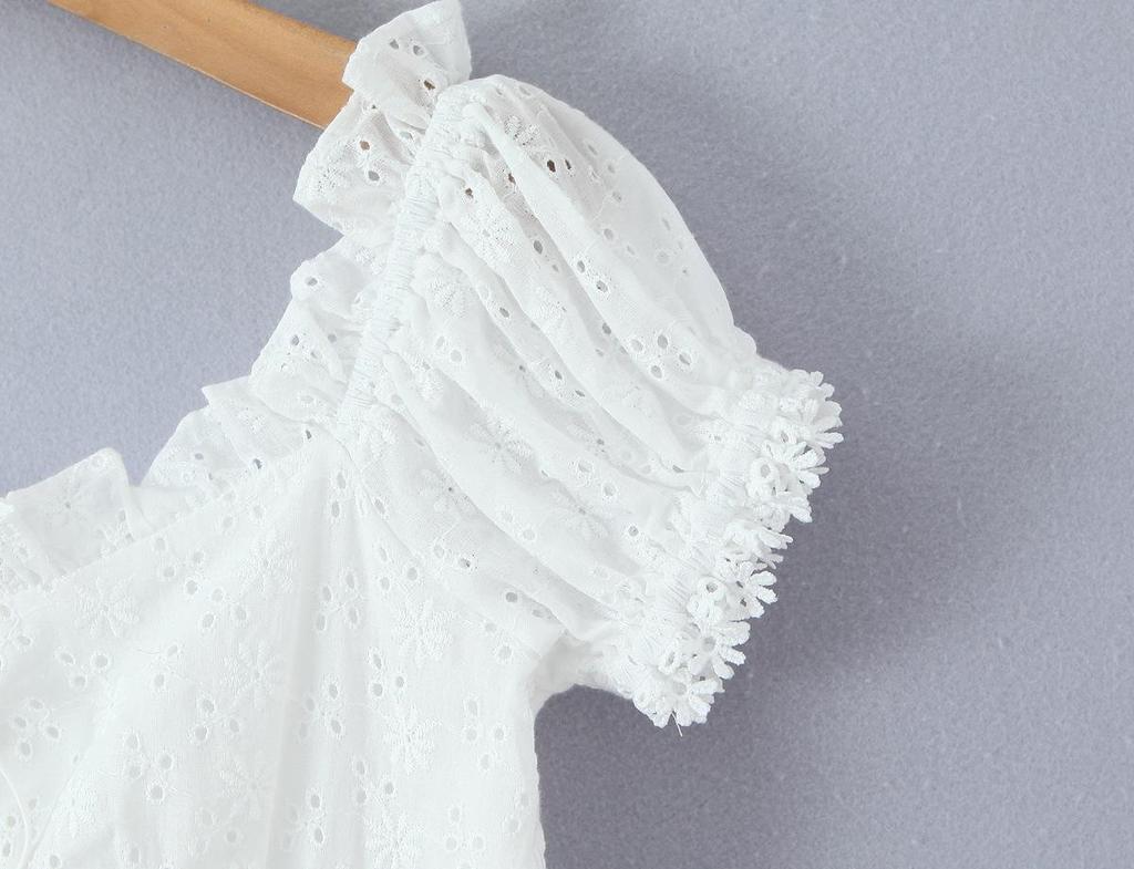 White One-Shoulder Lace Patchwork Slim Summer Dress with Cinched Waist and Short Sleeves