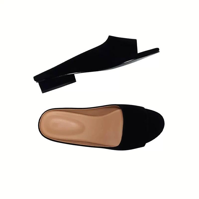 Nappaversion~ Koreansk version av rund tå låg klack en-ords coola tofflor för damers ytterkläder 2025 nya sommar tjock klack mode sandaler