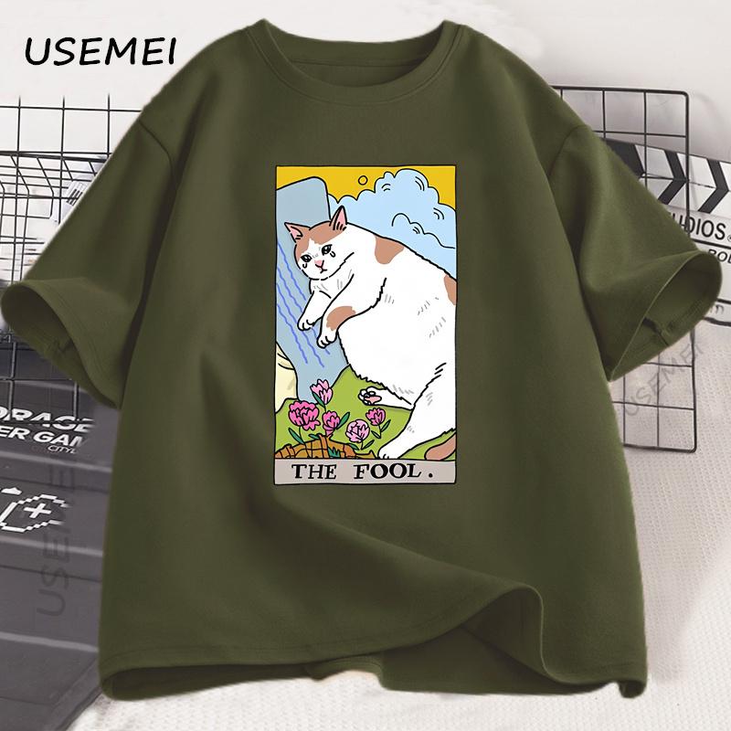 Sad Cat Meme The Fool Tarot T-Shirt Men Women Witchy Clothing Crying Cat T Shirt Casual Oversized T-shirts Streetwear Clothing