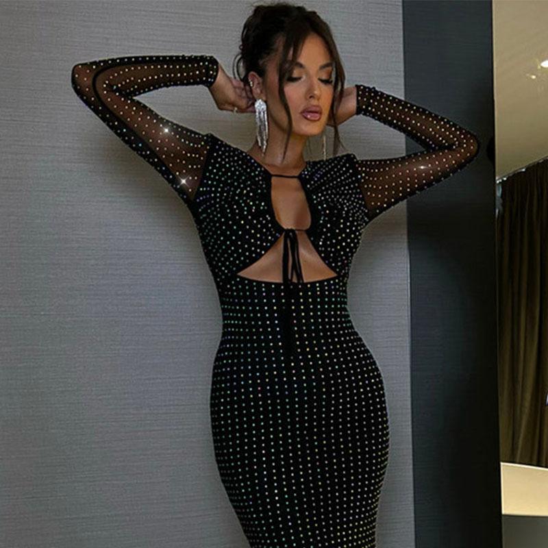 Lesklé diamanty Šněrovací šaty pro ženy Sexy Vystřihované S vysokým pasem Bodycon Šaty s dlouhým rukávem Dámské Letní párty Štíhlé Elegantní Večerní šaty Ženské