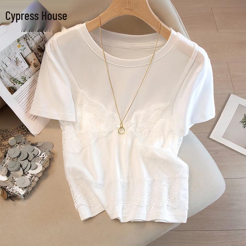 Silkbay Women s Faux Two-Piece Lace Splicing T-Shirt L