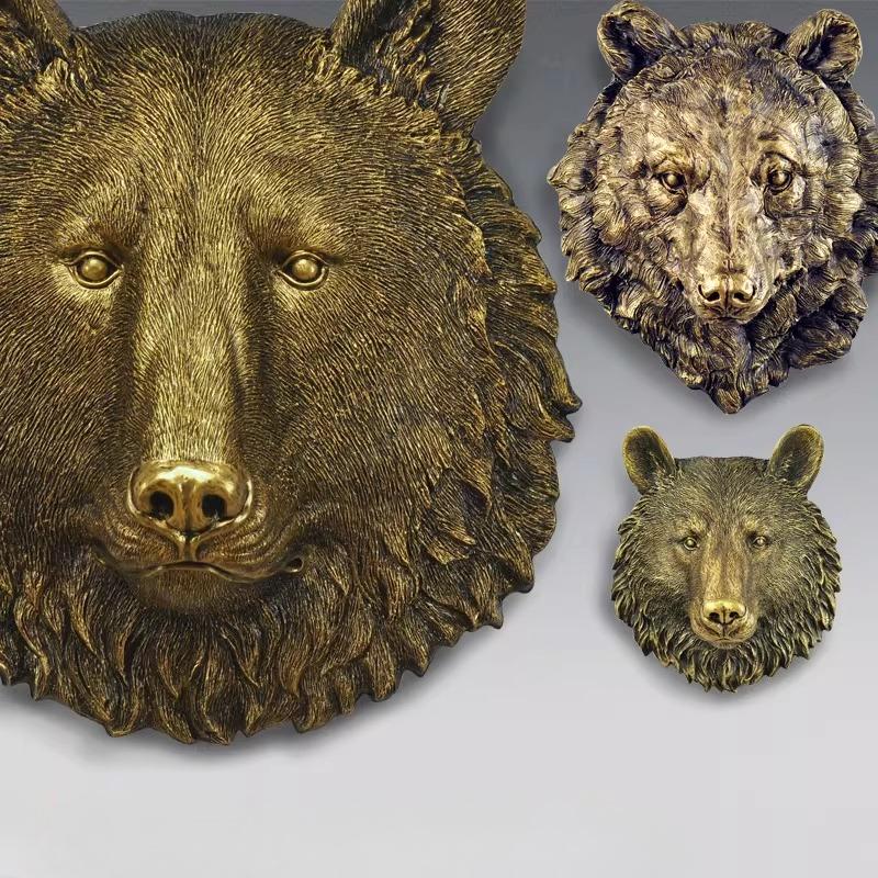 Golden Bear Wall Hanging Simulated Animal Sculpture Animal Head Ornament Brown Bear Background Wall Home Decoration