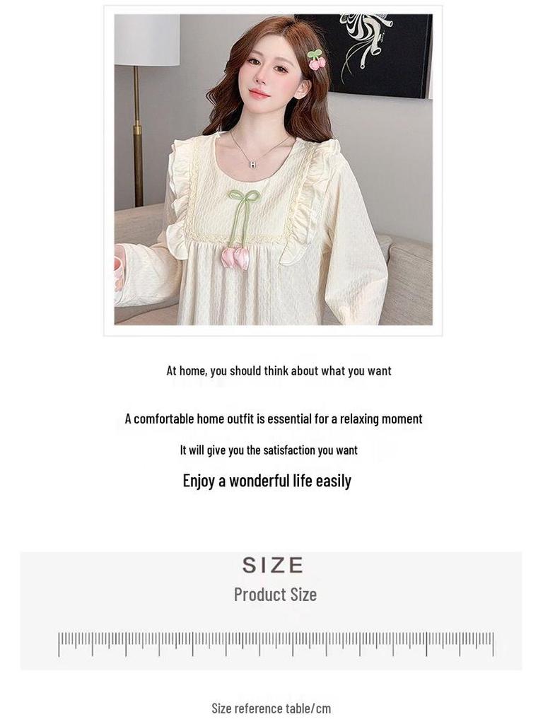 Spring & Autumn Korean Jacquard Maternity Slimming Lace Pajamas - Women's Long Sleeve Mid-Length Plus Size Sleep Dress