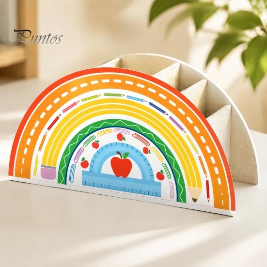Back to School Stationery Supplies Wooden Rainbow Pencil Holder, Cute Desk Organizer, Office Art Supply Classroom Organizer for Kids, Teacher